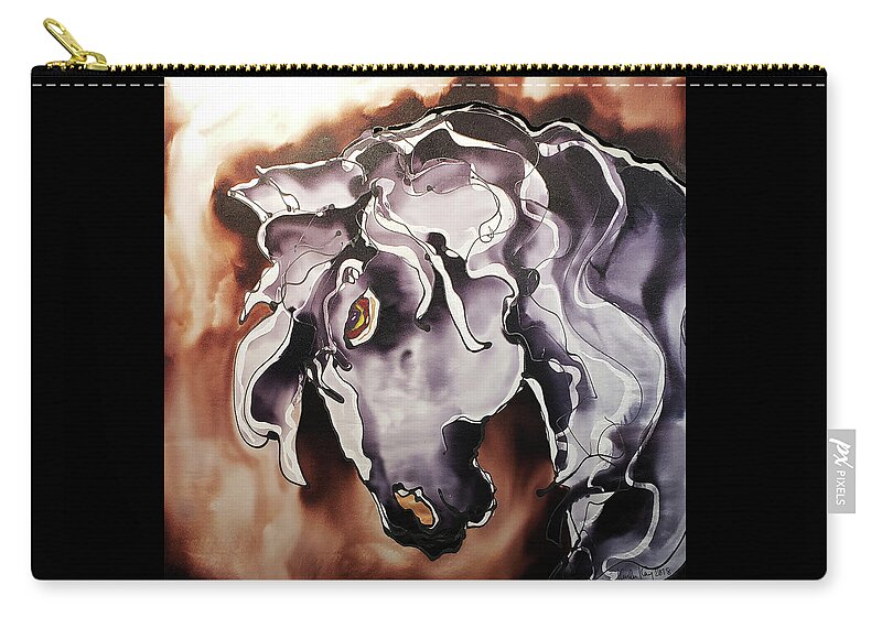 Hand Painted Silk Zip Pouch featuring the painting Black and white horse at dusk by Karla Kay Benjamin