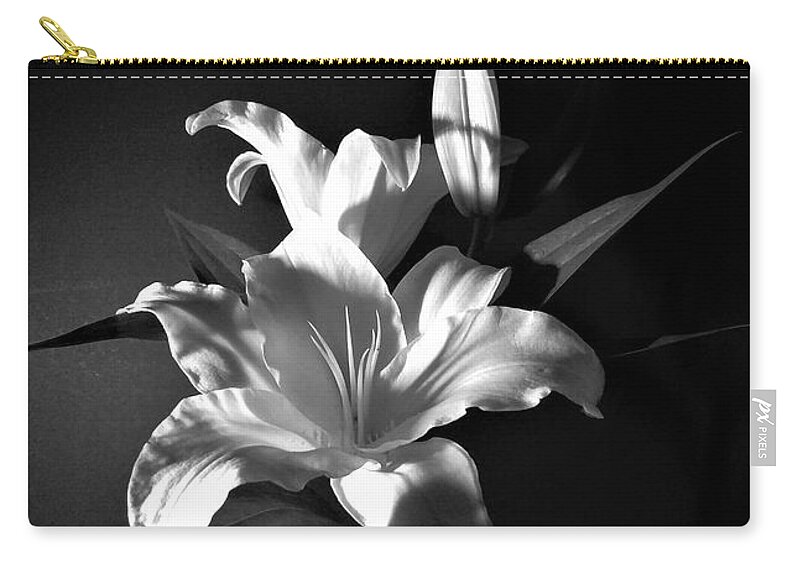 Black And White Zip Pouch featuring the photograph Black and White Lily Flower for Home Decor Wall Prints by Delynn Addams