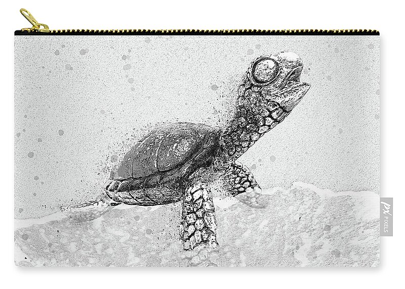 Sea Turtle On Beach Zip Pouch featuring the digital art Black and White Sea Turtle on Beach by Pamela Williams