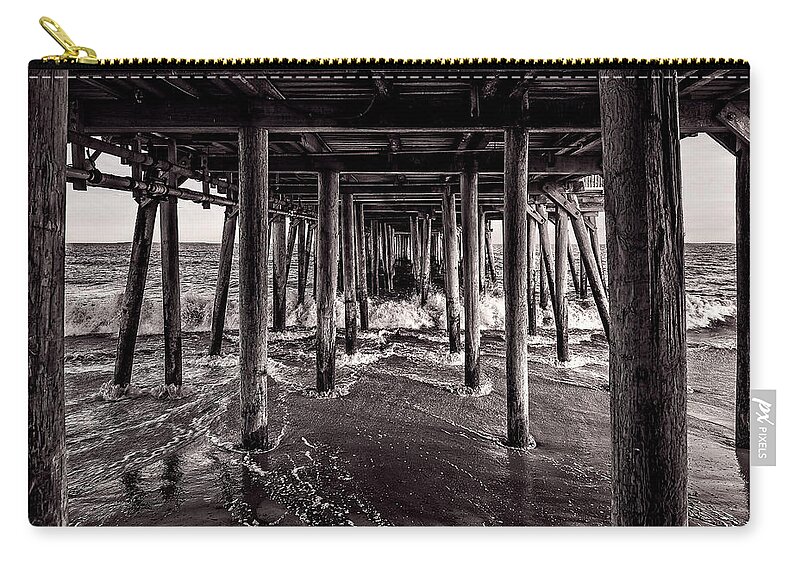 Best Maine Photos Zip Pouch featuring the photograph Black and White Under the Boardwalk - Old Orchard Beach in Maine by Mitchell R Grosky