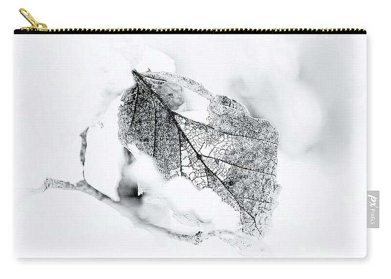 Black And White Zip Pouch featuring the photograph Black and White Winter Leaf Filigree by Carol Senske
