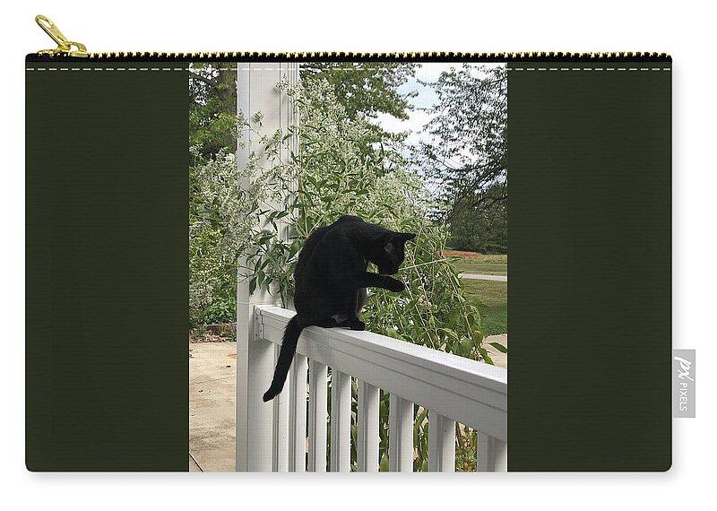 Black Cat Carry-all Pouch featuring the photograph Black Cat Bathing by Valerie Collins