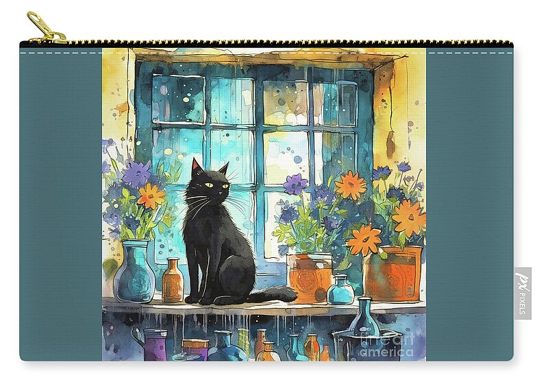 Black Cat Zip Pouch featuring the painting Black Cat In The Window by Tina LeCour
