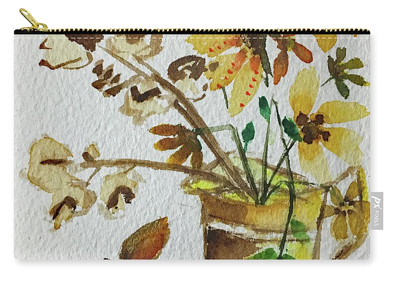 Still Life Zip Pouch featuring the painting Black eyed Susans and a Pear by Roxy Rich