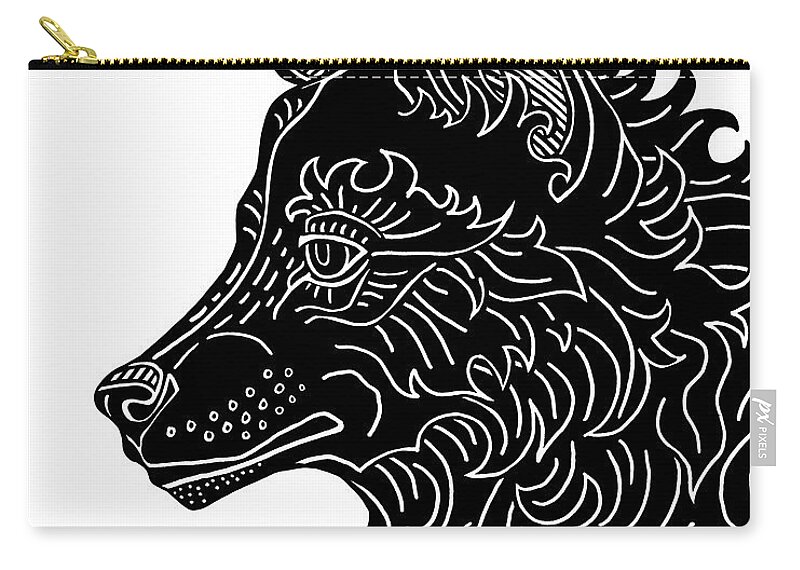Wolf Zip Pouch featuring the drawing Black Wolf. Wild Animal Ink 9 by Amy E Fraser