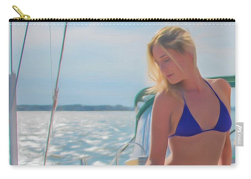 Blonde Zip Pouch featuring the photograph Blonde on a yacht water color by Alan Goldberg