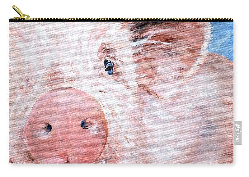Pig Zip Pouch featuring the painting Blossom - Pink Pig by Annie Troe