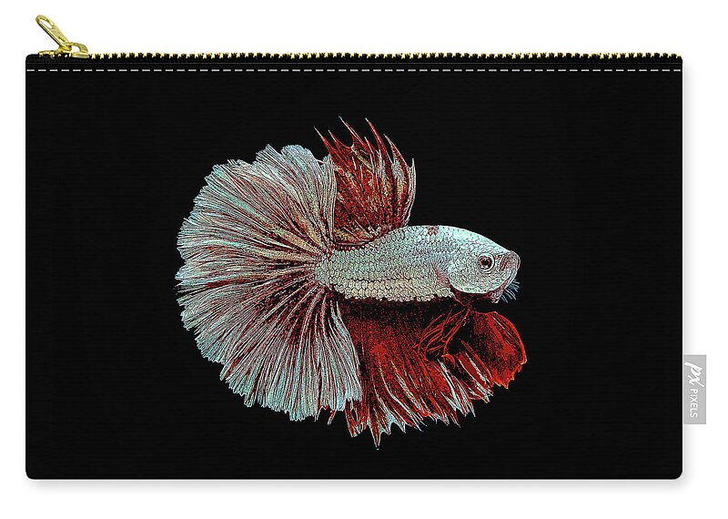 White Zip Pouch featuring the painting White and Red Betta Splendens, Siamese Fighting Fish by Custom Pet Portrait Art Studio