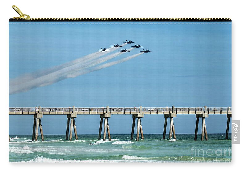 Blue Angels Zip Pouch featuring the photograph Blue Angels Over Pensacola Beach Fishing Pier by Beachtown Views