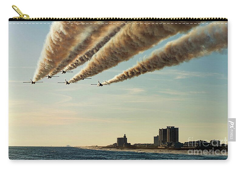 Blue Angels Zip Pouch featuring the photograph Blue Angels over Pensacola Beach, Florida Pier by Beachtown Views