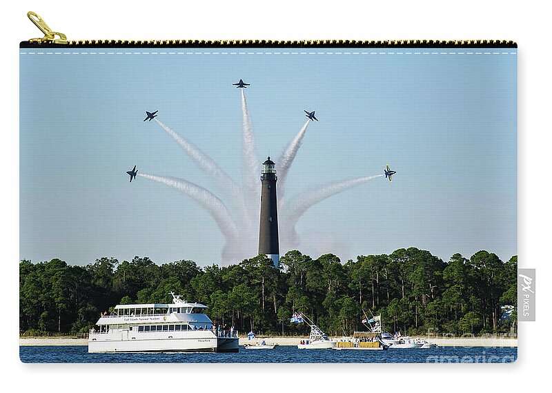 Blue Angels Zip Pouch featuring the photograph Blue Angels over Pensacola Lighthouse by Beachtown Views