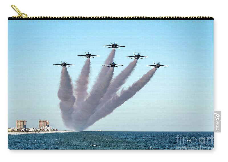 Blue Zip Pouch featuring the photograph Blue Angels Pensacola Beach Fishing Pier Flyover by Beachtown Views