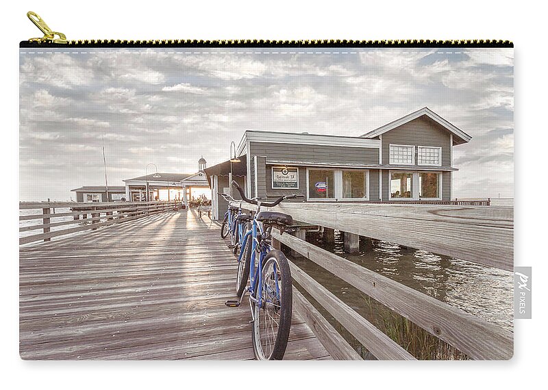 Clouds Zip Pouch featuring the photograph Blue Bicycles on the Jekyll Island Beach Boardwalk Pier by Debra and Dave Vanderlaan