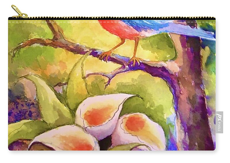 Blue Bird Speaking Zip Pouch featuring the painting Blue Bird whispers by Caroline Patrick