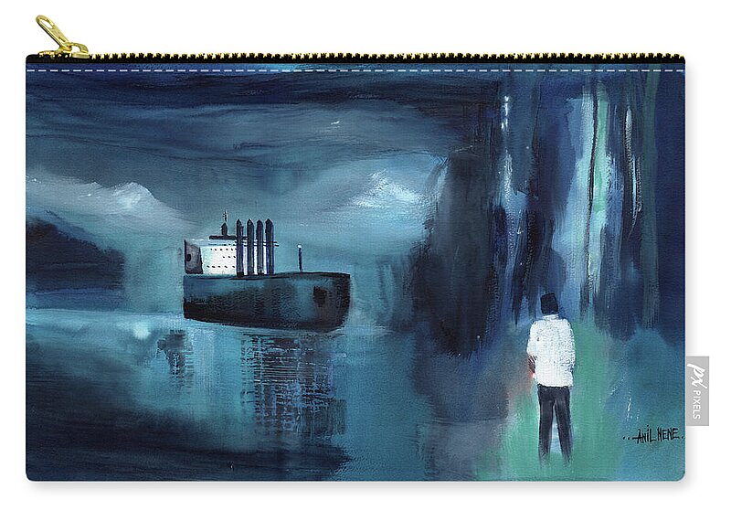 Nature Zip Pouch featuring the painting Blue Boat by Anil Nene