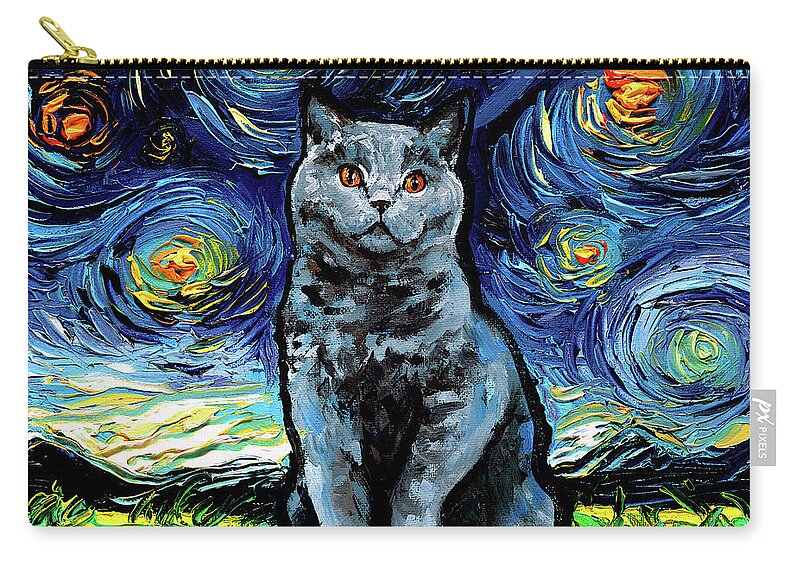 Blue British Shorthair Carry-all Pouch featuring the painting Blue British Shorthair Night by Aja Trier