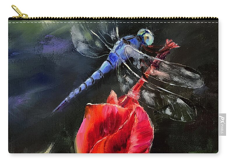 Dragonfly Zip Pouch featuring the painting Blue Dasher on Turks Cap by Jan Chesler