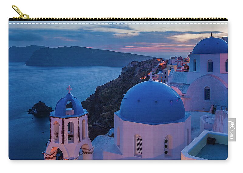 Aegean Sea Carry-all Pouch featuring the photograph Blue Domes Of Santorini by Evgeni Dinev