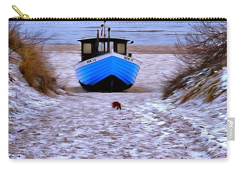 Germany Zip Pouch featuring the digital art Blue fishing boat and squirrel in winter by Ralph Kaehne