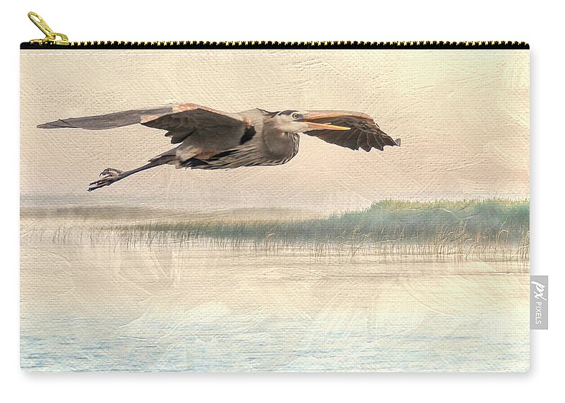 Great Blue Heron Zip Pouch featuring the photograph Blue Heron Flight Over the Pastel Marsh by Patti Deters