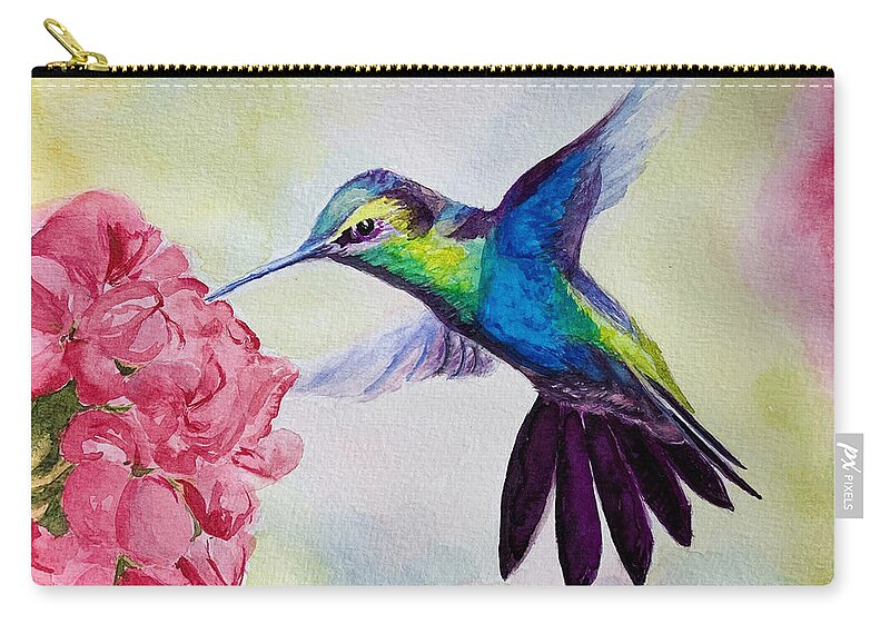 Humming Bird Zip Pouch featuring the painting Blue Hummingbird by Tracy Hutchinson