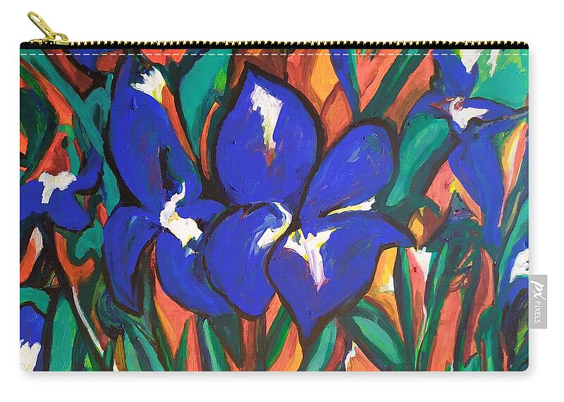 Blue Irises Zip Pouch featuring the painting Blue Iris Dance by Esther Newman-Cohen