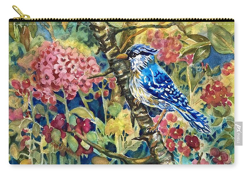 Blue Jay Zip Pouch featuring the painting Blue Jay and Phlox by Ann Nicholson