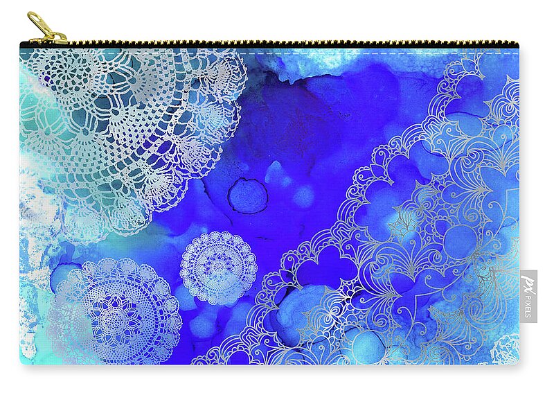 Blue Zip Pouch featuring the mixed media Blue Lace Abstract 58 by Lucie Dumas