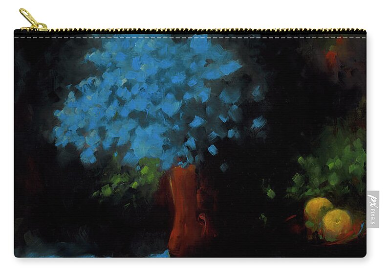 Flowers Zip Pouch featuring the painting Blue Petals and Peaches by Roger Clarke