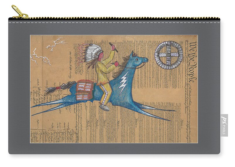 Ledger Art Carry-all Pouch featuring the drawing Blue Pony on Constitution by Robert Running Fisher Upham