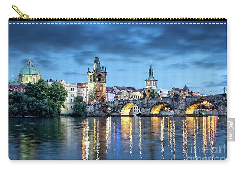 Prague Zip Pouch featuring the photograph Blue Prague, Charles bridge at night by Delphimages Photo Creations