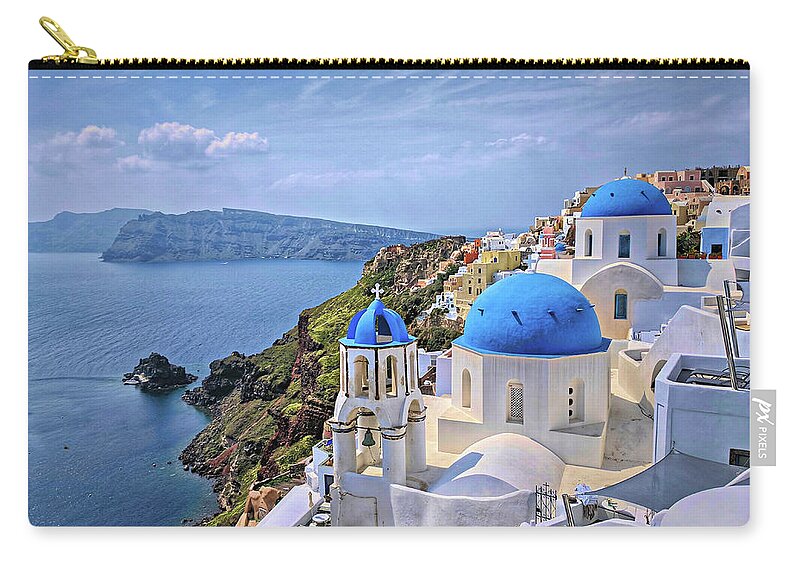 Oia Carry-all Pouch featuring the photograph Blue Roofs of Oia Santorini by Yvonne Jasinski