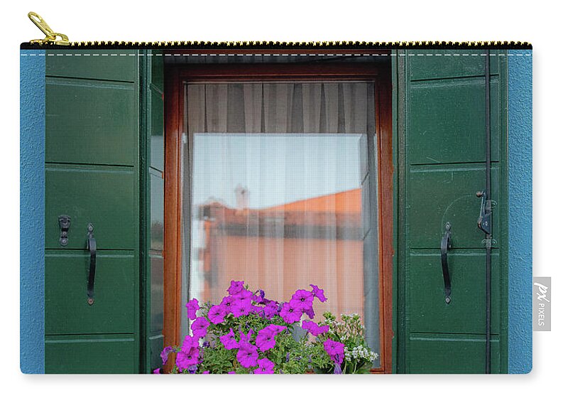 Burano Zip Pouch featuring the photograph Blue Window Pink Flowers by David Downs