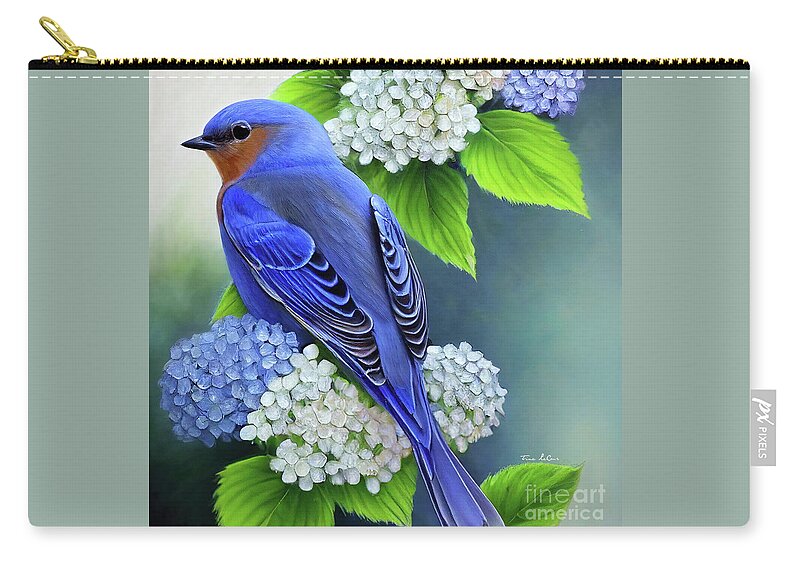 Eastern Bluebird Zip Pouch featuring the painting Bluebird In The Hydrangeas by Tina LeCour