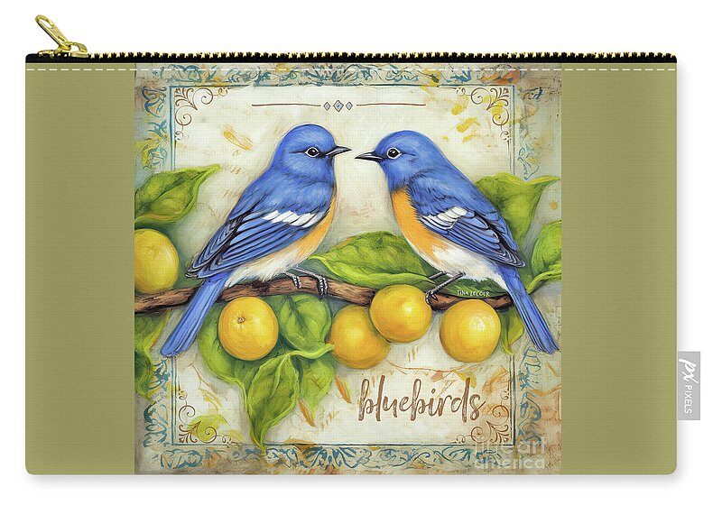 Eastern Bluebirds Zip Pouch featuring the painting Bluebirds And Lemons by Tina LeCour