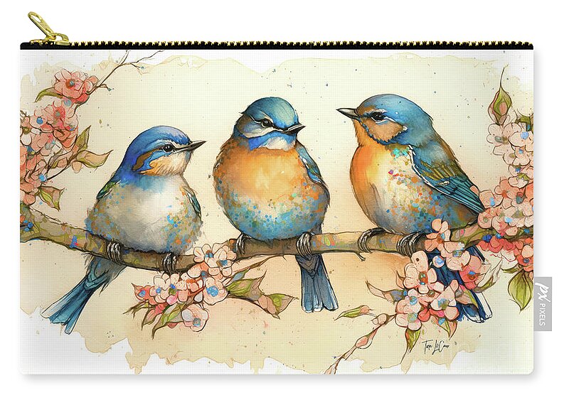 Bluebirds Zip Pouch featuring the painting Bluebirds In The Blossoms by Tina LeCour
