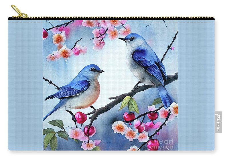 Bluebirds Zip Pouch featuring the painting Bluebirds in the Cherry Tree by Tina LeCour