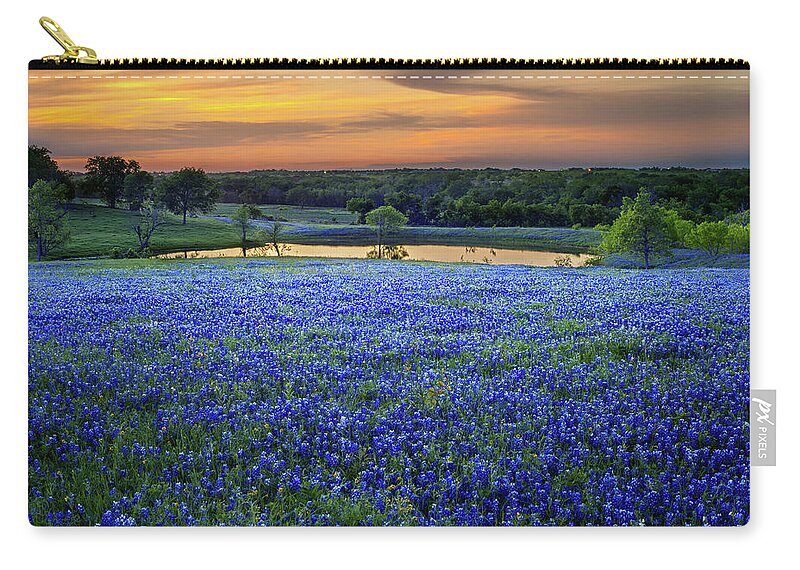 Texas Bluebonnets Zip Pouch featuring the photograph Bluebonnet Lake Vista Texas Sunset - Wildflowers landscape flowers pond by Jon Holiday