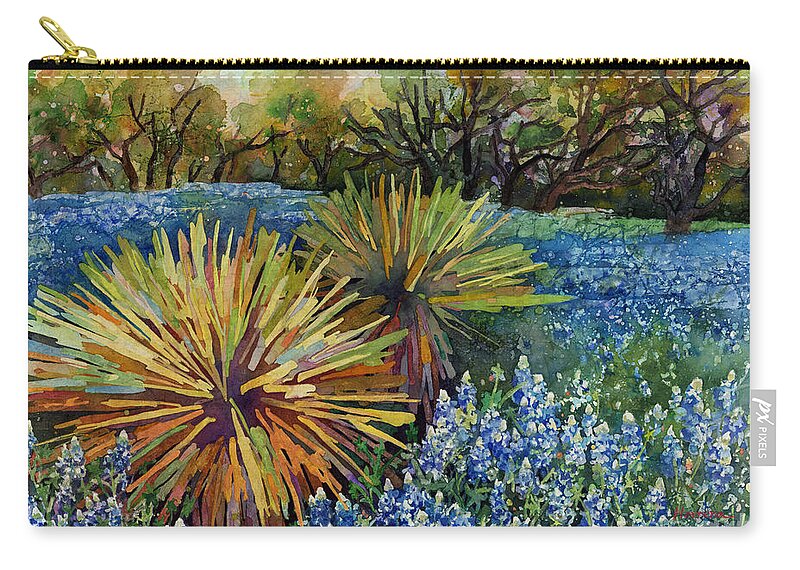 Cactus Zip Pouch featuring the painting Bluebonnets and Yucca by Hailey E Herrera