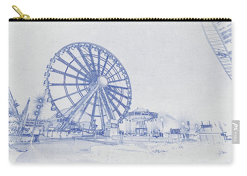 Oil On Canvas Zip Pouch featuring the digital art Blueprint drawing of Chicago Skyline, Illinois, USA - 28 by Celestial Images
