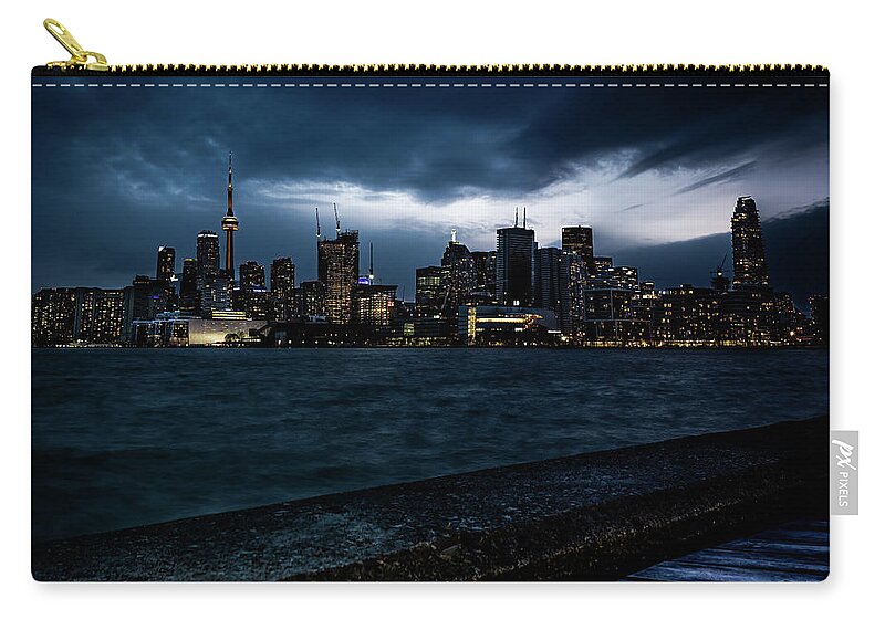 Polson Pier Zip Pouch featuring the photograph Blur Hour Drama on Toronto Skyline by Dee Potter