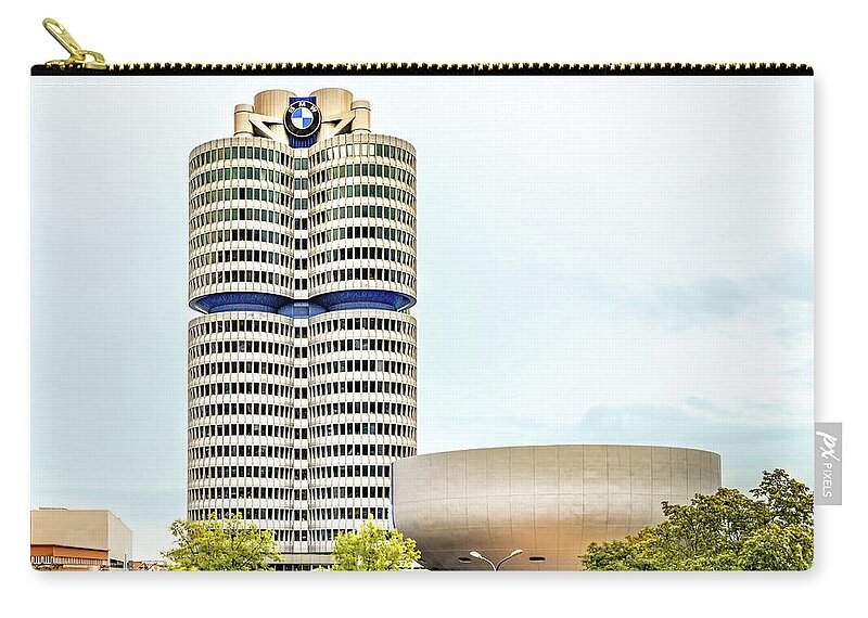 Bmw Zip Pouch featuring the photograph BMW Headquarters And Museum by Elvira Peretsman