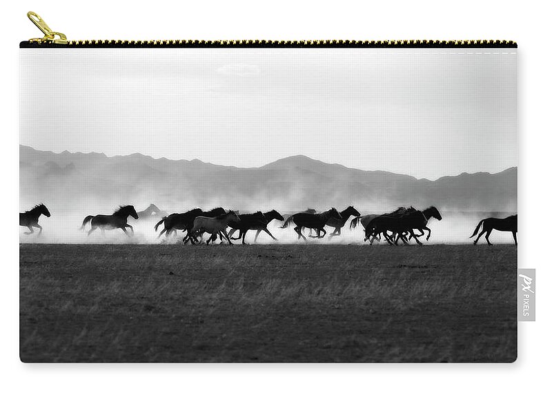 Wild Horse Zip Pouch featuring the photograph BnW Running Stallions in Dust by Dirk Johnson