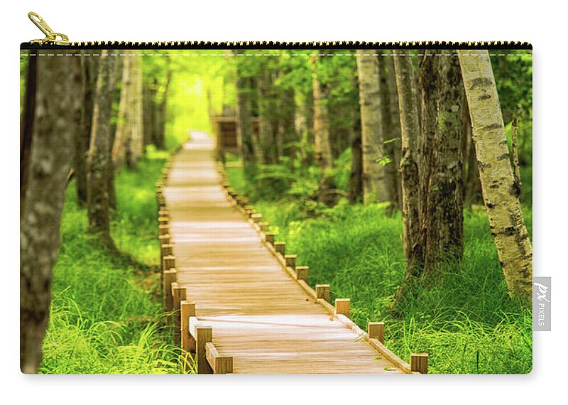 Acadia Zip Pouch featuring the photograph Boardwalk in the Forest by Jeff Sinon