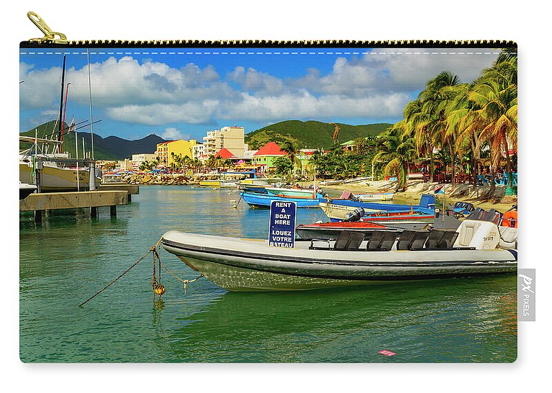 Boats; Travel; Color; Water; Clouds; Skies; Landscape Zip Pouch featuring the photograph Boats in Saint Maarten #1 by AE Jones