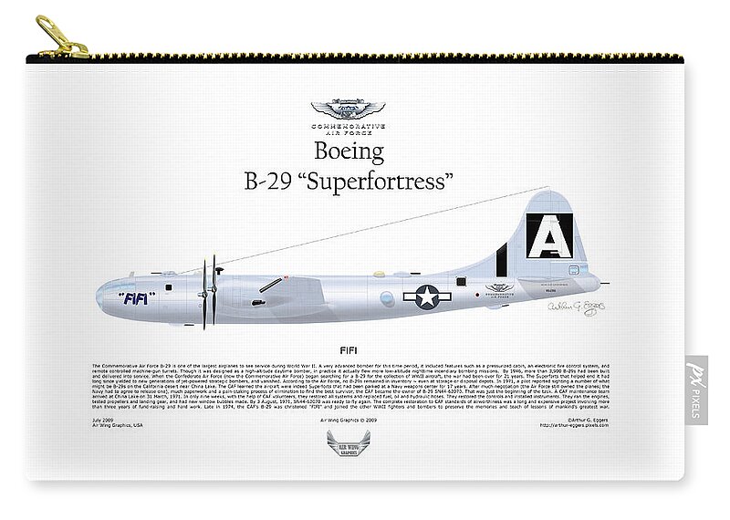 Boeing Zip Pouch featuring the digital art Boeing B-29 Superfortress FIFI by Arthur Eggers