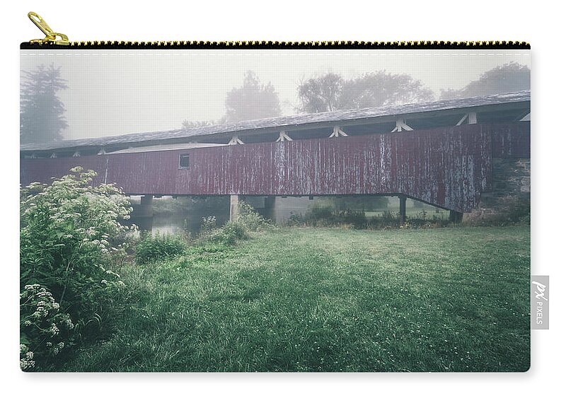 Allentown Zip Pouch featuring the photograph Bogert's Covered Bridge Misty June by Jason Fink