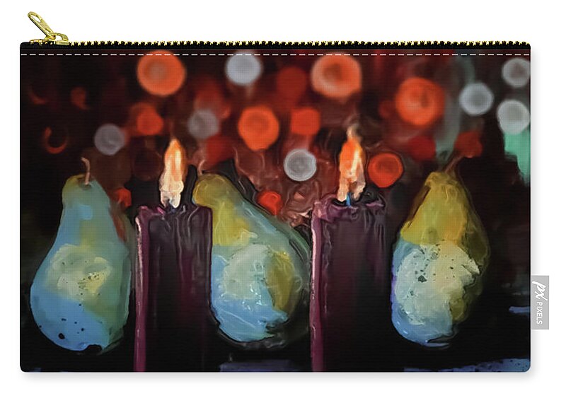 Candles Zip Pouch featuring the painting Bokeh Light Candles And Pears by Lisa Kaiser