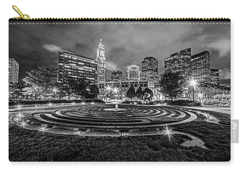 Boston Zip Pouch featuring the photograph Boston Armenian Heritage Park Sculpture Boston MA Skyline Black and White by Toby McGuire