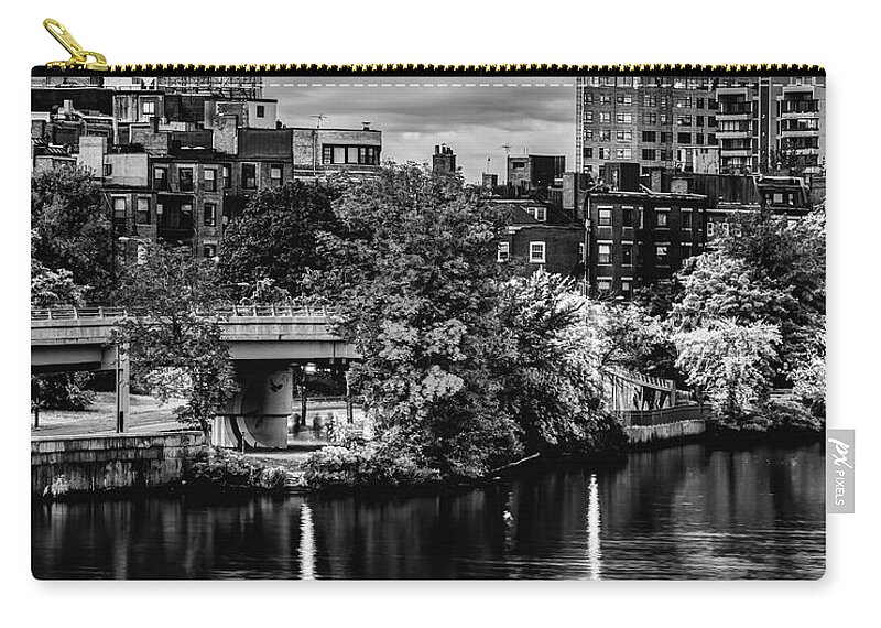 Citgo Sign Zip Pouch featuring the photograph Boston Citgo Sign Over Kenmore Square and Charles River - Black and White by Gregory Ballos